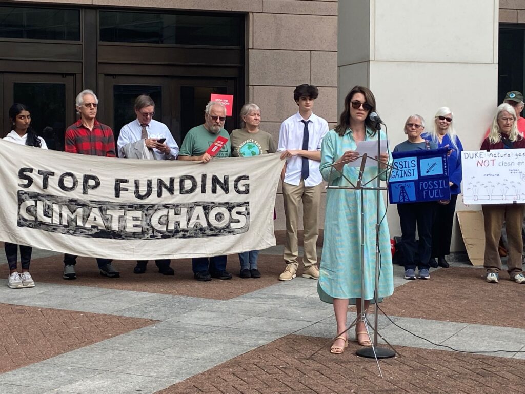 billie anderson speaks at carbon plan rally